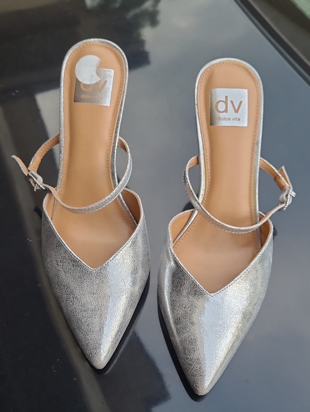 Dolce Vita Heels Silver Pumps Metallic Ankle Strap 9 Pointed Toe